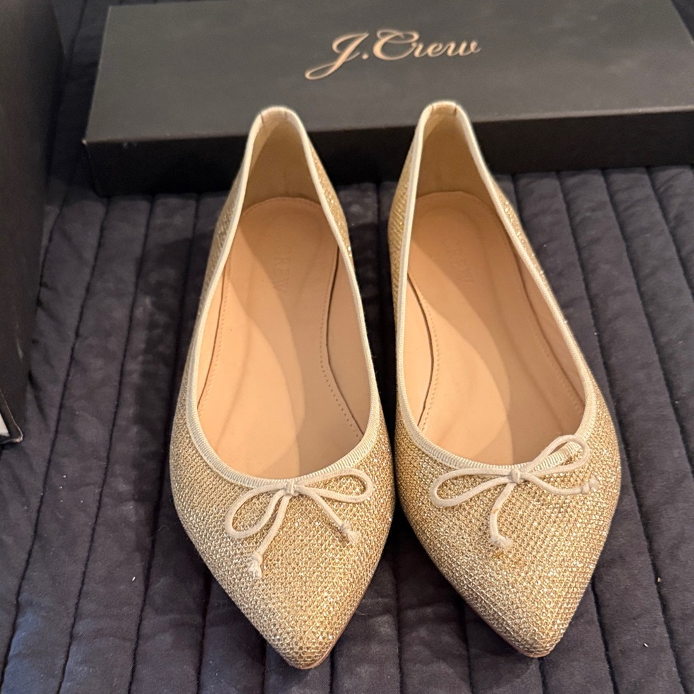 J. Crew Sparkling Gold Pointed Toe Bow Flats